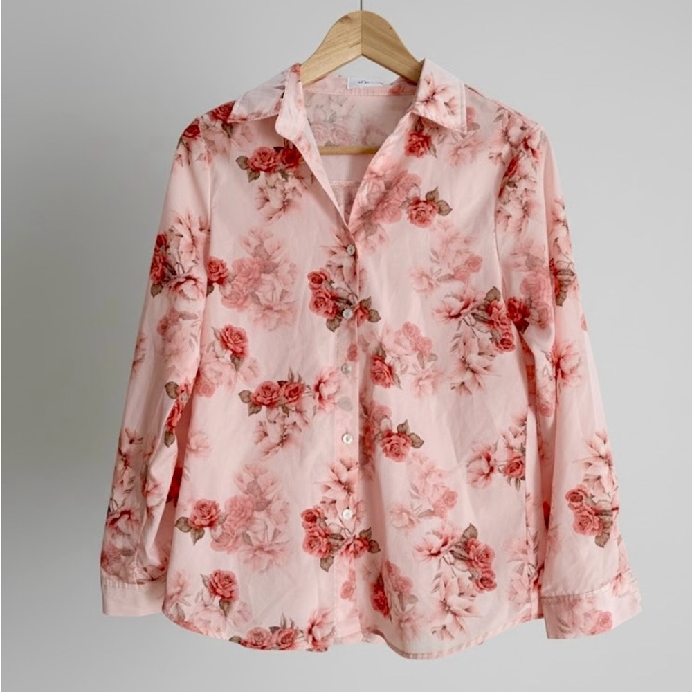 Tonal Pink Cabbage Roses Button-Up Long Sleeve Blouse Top Shirt M Korean Brand